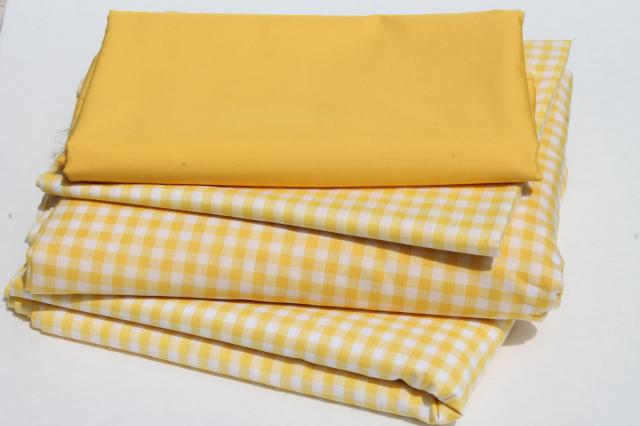 photo of yellow & white checked gingham & solid broadcloth, retro vintage cotton blend fabric lot #1