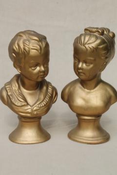 catalog photo of young boy & girl vintage ceramic busts, statue head figures painted antique gold