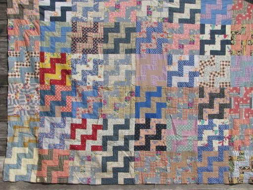 photo of zig-zag blocks in many old prints, vintage print cotton fabric quilt top #1