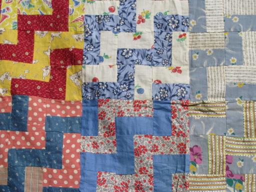 photo of zig-zag blocks in many old prints, vintage print cotton fabric quilt top #2