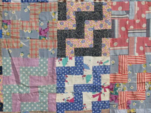 photo of zig-zag blocks in many old prints, vintage print cotton fabric quilt top #3