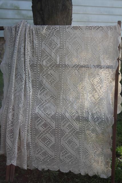 photo of zigzag pattern vintage crochet lace, handmade heavy cotton lace tablecloth or throw #1