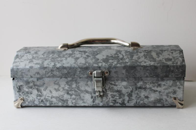 photo of zinc grey galvanized steel toolbox, vintage industrial tool box tote #1