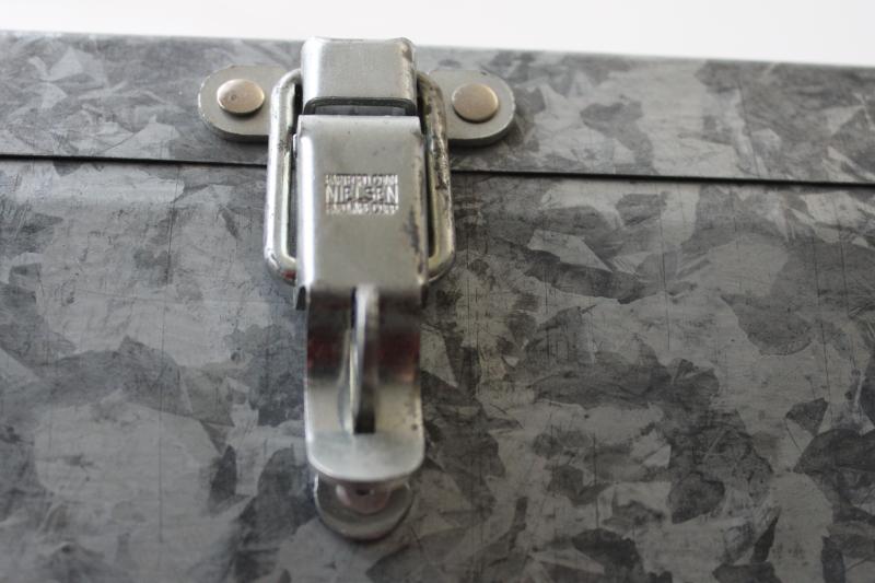 photo of zinc grey galvanized steel toolbox, vintage industrial tool box tote #2