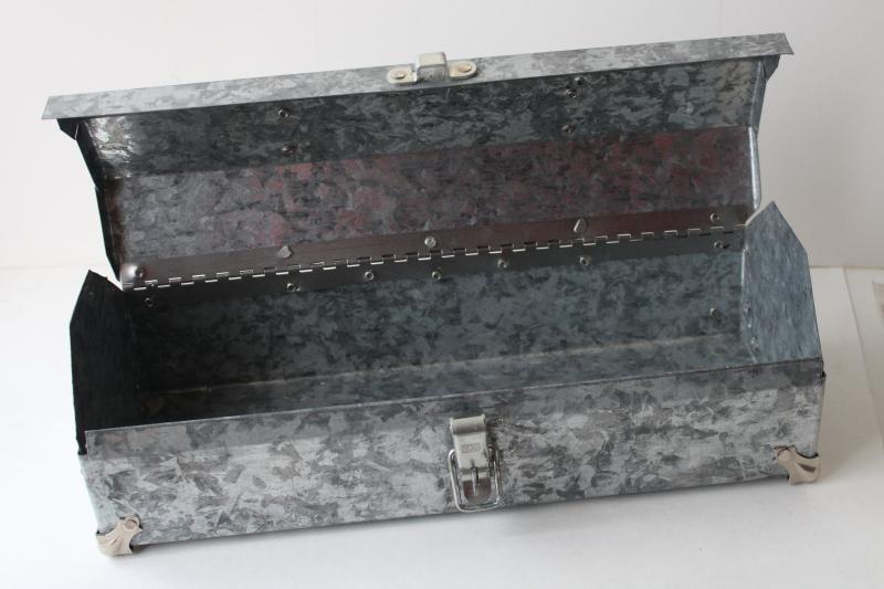 photo of zinc grey galvanized steel toolbox, vintage industrial tool box tote #3