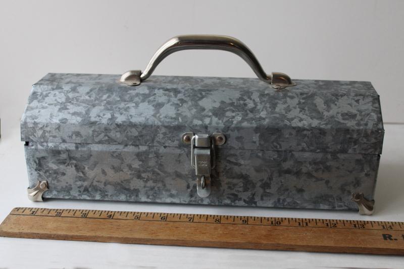 photo of zinc grey galvanized steel toolbox, vintage industrial tool box tote #7